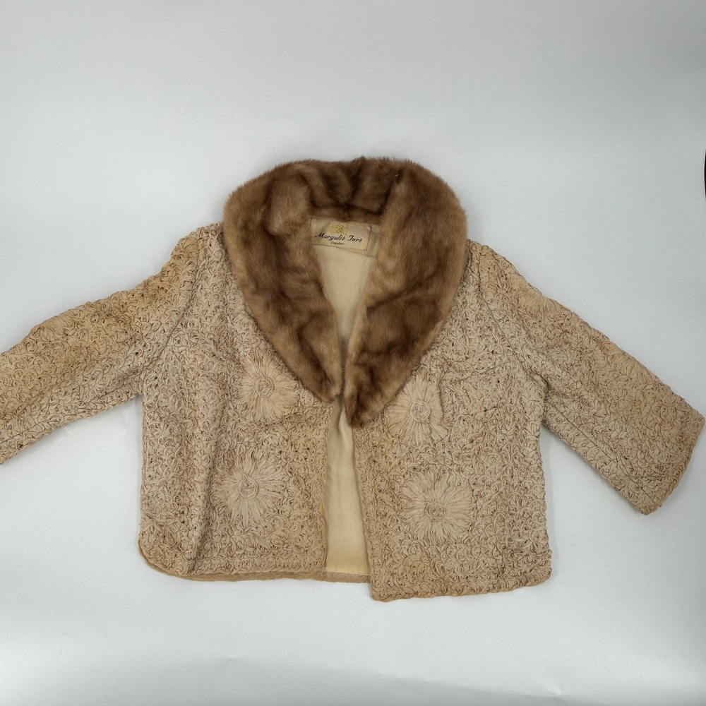 Margulis Furs Ribbon Lace Mink Collar Jacket Vintage 1950s Women Large Beige Tan